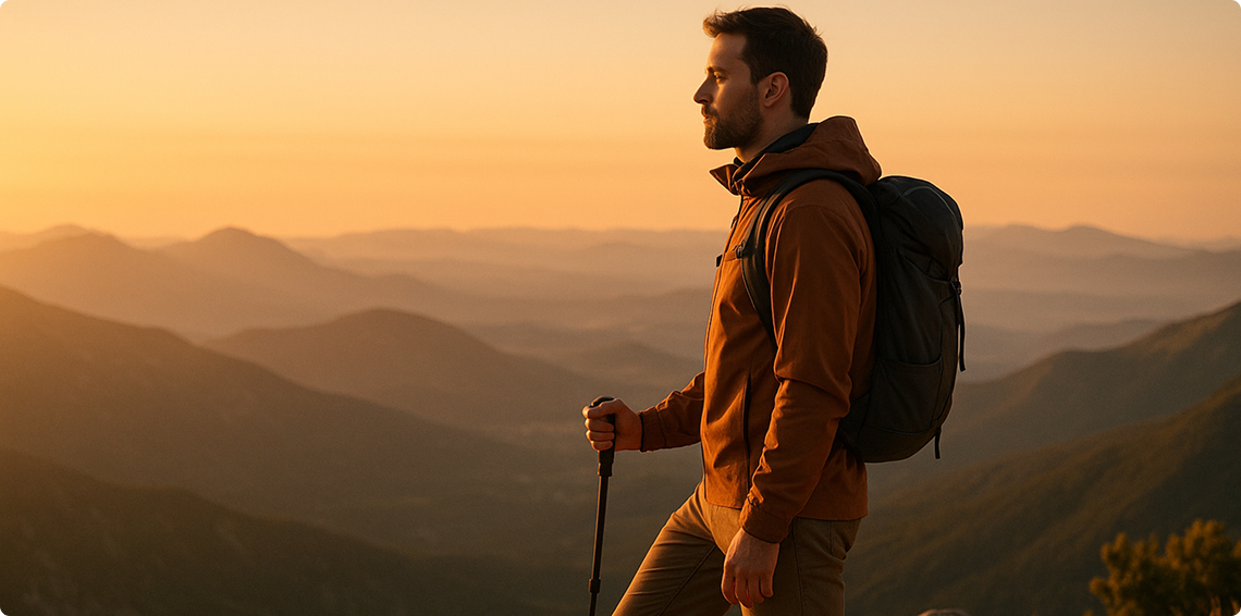 Man with backpack looking at mountainous landscape at sunset